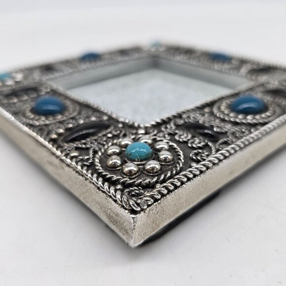 Decorative Square Silver Photo Frame With Blue & Black Accents Raj 3.25" Square - Picture 10 of 10
